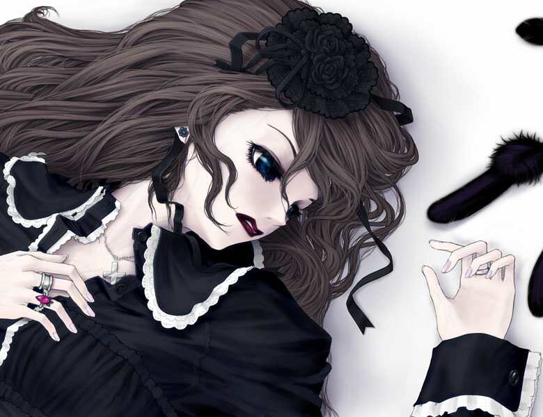 1girl brown_hair gothic jewelry kunishige_keiichi lipstick makeup nocturne nocturne_(kunishige_keiichi) original ring solo