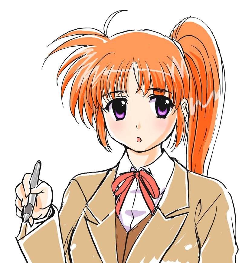 1girl blazer error g-tetsu lyrical_nanoha mahou_shoujo_lyrical_nanoha mahou_shoujo_lyrical_nanoha_a's pen redhead school_uniform side_ponytail solo takamachi_nanoha