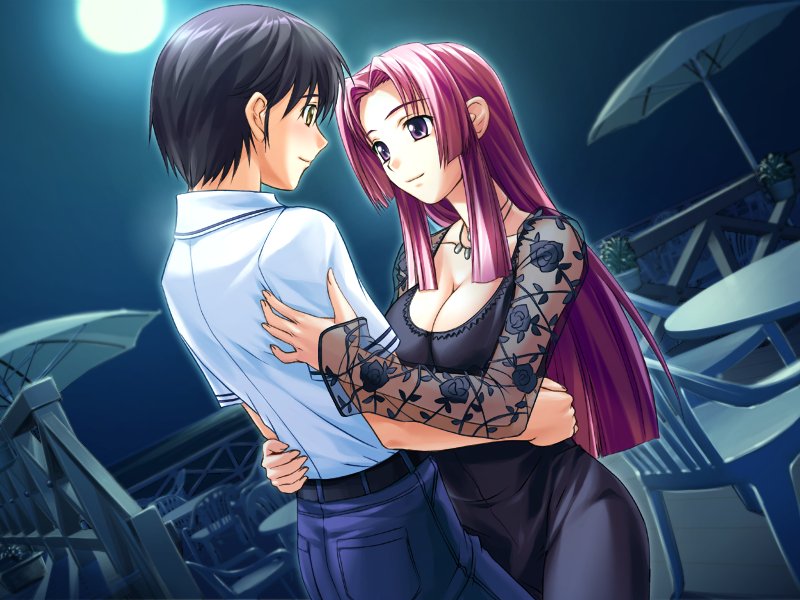 1boy 1girl black_hair breasts cleavage couple dancing dress eye_contact face-to-face game_cg hetero jewelry large_breasts long_hair looking_at_another moon necklace night ooeyama_inori purple_hair redhead shironeko_sanbou sky smile teacher_and_student terrace tsushima_leo tsuyokiss umbrella violet_eyes wallpaper