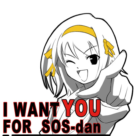 1girl i_want_you image_macro lowres macro monochrome pointing solo spot_color suzumiya_haruhi suzumiya_haruhi_no_yuuutsu takahashi_ren white_background