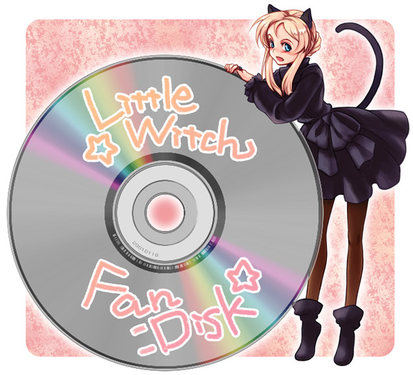 1girl :d animal_ears ankle_boots arm_support barcode black_dress black_legwear blush boots brown_legwear cat_ears cat_tail cd dress from_side full_body gothic gothic_lolita hair_bun hazuki_gean leaning_forward legs littlewitch littlewitch_fan_disc lolita_fashion long_sleeves looking_at_viewer ooyari_ashito open_mouth outline oversized_object pantyhose rainbow short_dress short_hair_with_long_locks sidelocks smile solo tail tiptoes
