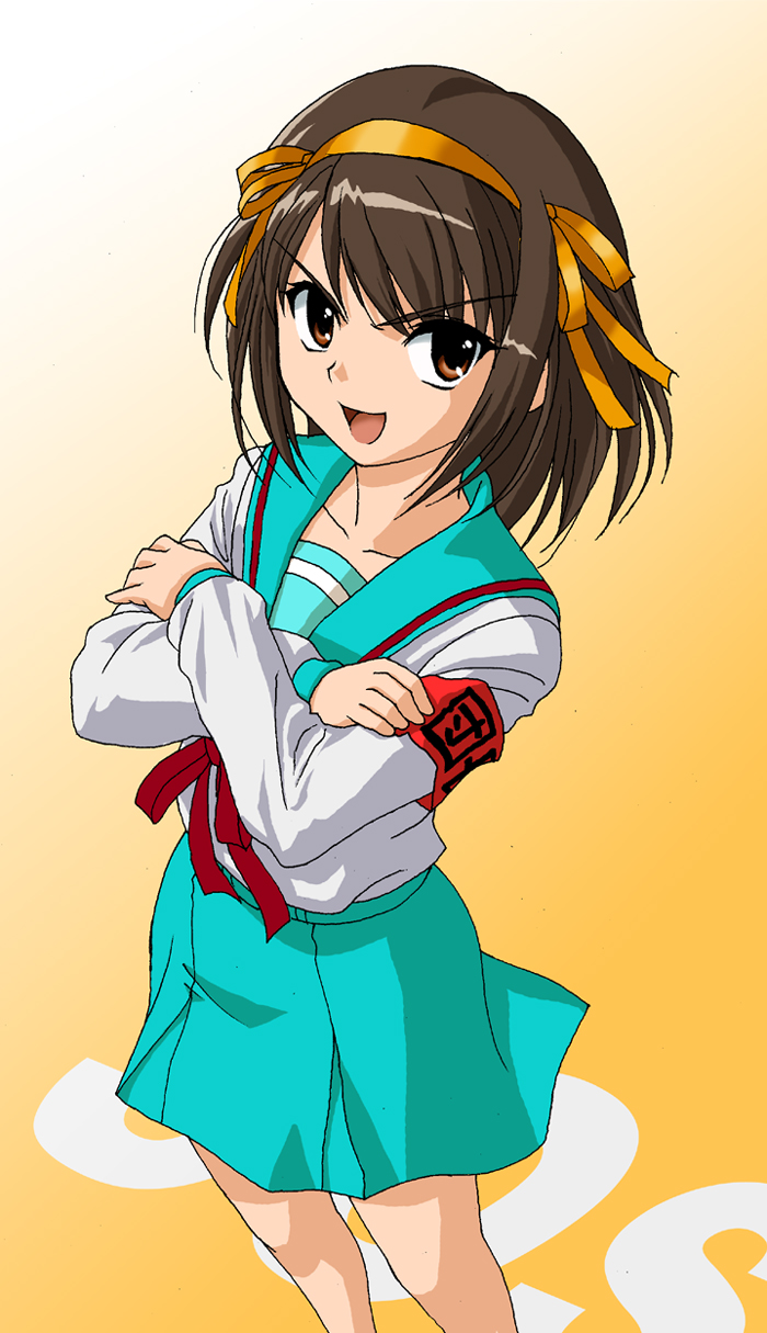 armband brown_eyes brown_hair g-tetsu highres school_uniform serafuku short_hair suzumiya_haruhi suzumiya_haruhi_no_yuuutsu yellow_eyes