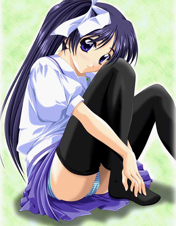 00s black_legwear blouse blue_eyes blue_hair green_panties itou_noemi leg_hold long_hair miniskirt panties pantyshot pantyshot_(sitting) ponytail school_uniform serafuku side_ponytail sitting skirt striped striped_panties thigh-highs underwear with_you