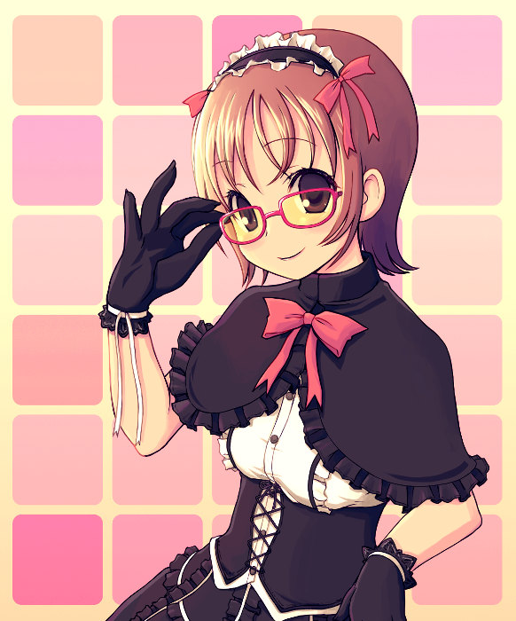 1girl adjusting_glasses black_gloves black_skirt brown_eyes brown_hair buttons capelet corset cross-laced_clothes frills glasses gloves gothic hairband kimarin lolita_hairband looking_at_viewer original red-framed_glasses shirt short_hair simple_background skirt solo underbust white_shirt