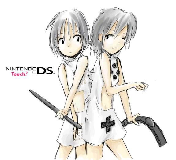 2girls conjoined handheld_game_console multiple_girls nintendo nintendo_ds os-tan oversized_object personification product_girl siblings stylus twins