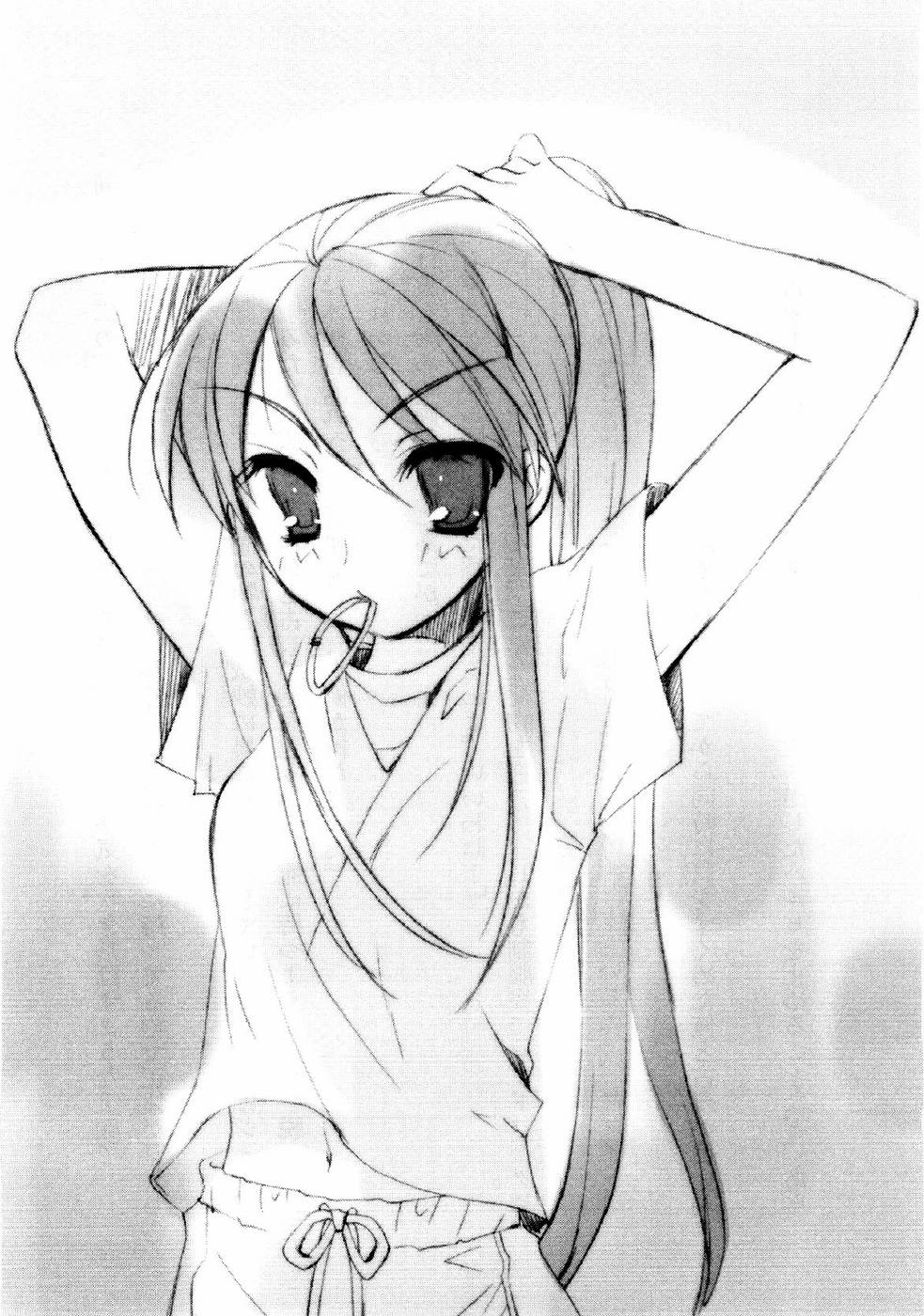 alternate_costume alternate_hairstyle flat_chest hairdressing highres itou_noiji long_hair monochrome mouth_hold ponytail suzumiya_haruhi suzumiya_haruhi_no_shoushitsu suzumiya_haruhi_no_yuuutsu