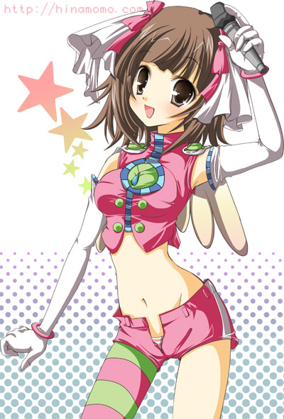 1girl amami_haruka asymmetrical_clothes blush cosmic_&amp;_funny_(idolmaster) crop_top elbow_gloves gloves halftone halftone_background hinata_momo idolmaster microphone midriff navel open_fly open_mouth panties pantyhose shirt smile solo star striped striped_panties taut_clothes taut_shirt underwear unzipped