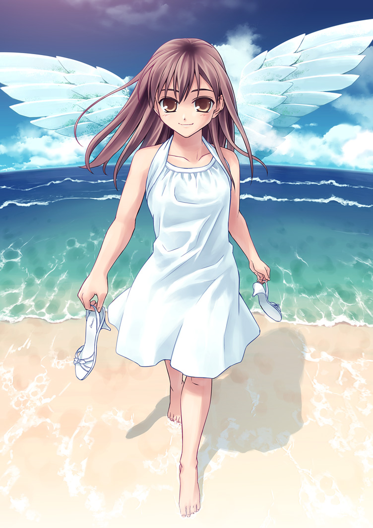 1girl barefoot beach brown_eyes brown_hair dress flat_chest hiroyama_hiroshi holding holding_shoes long_hair original shoes shoes_removed smile solo wings