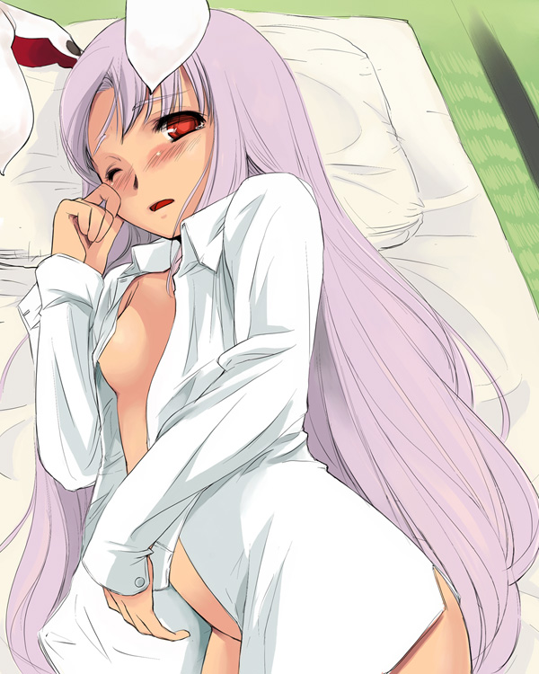 1girl animal_ears bangs blush bottomless d; dress_shirt female futon indoors lavender_hair long_hair looking_at_viewer lying naked_shirt no_panties on_bed on_side one_eye_closed open_clothes open_mouth open_shirt petite pillow rabbit_ears red_eyes reisen_udongein_inaba rubbing_eyes shirt sleepy solo straight_hair tatami tearing_up touhou very_long_hair wink yuu_(kfc)