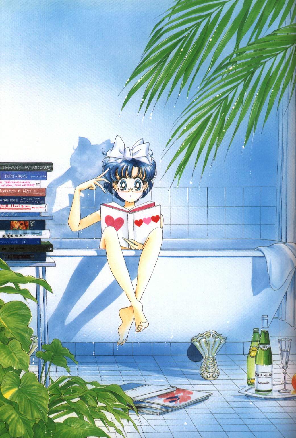 1girl 90s :o alcohol bathroom bathtub bespectacled bishoujo_senshi_sailor_moon blue_eyes blue_hair book bow claw_foot_bathtub commentary drink earrings feet glass glasses hair_bow highres jewelry legs mizuno_ami nude official_art open_book plant reading short_hair solo takeuchi_naoko towel tray wine
