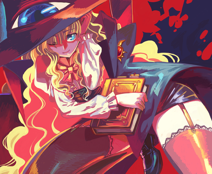 00s 1girl blonde_hair book cape curly_hair garter_straps hat lilith_(yamibou) looking_at_viewer miniskirt omake3213 one_eye_closed pencil_skirt skirt solo thigh-highs wink witch_hat yami_to_boushi_to_hon_no_tabibito zettai_ryouiki