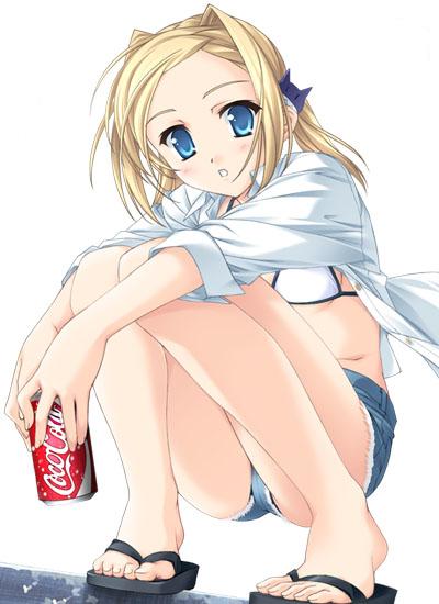 1girl akino_takehiko bettou_izumi-shizuka_scarlett bikini blonde_hair blue_eyes coca-cola cutoffs denim denim_shorts drink flat_chest long_hair sandals scarlett shorts solo squatting swimsuit