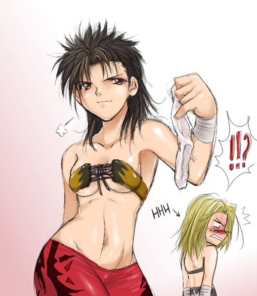 !? 2girls armpits arms_behind_back back bandage bandeau bare_shoulders black_eyes blonde_hair blush bow bow_panties breasts breath brown_eyes character_name clothes_thief constricted_pupils corset directional_arrow eddie_guerrero embarrassed front-tie_top genderswap genderswap_(mtf) gradient gradient_background holding holding_panties kaiga leather leather_pants looking_at_viewer looking_away medium_breasts multiple_girls naughty_face navel panties pants pinky_out presenting_panties sketch smile speech_bubble spiky_hair standing theft triple_h under_boob underwear underwear_theft upper_body white_panties wrestler wwe