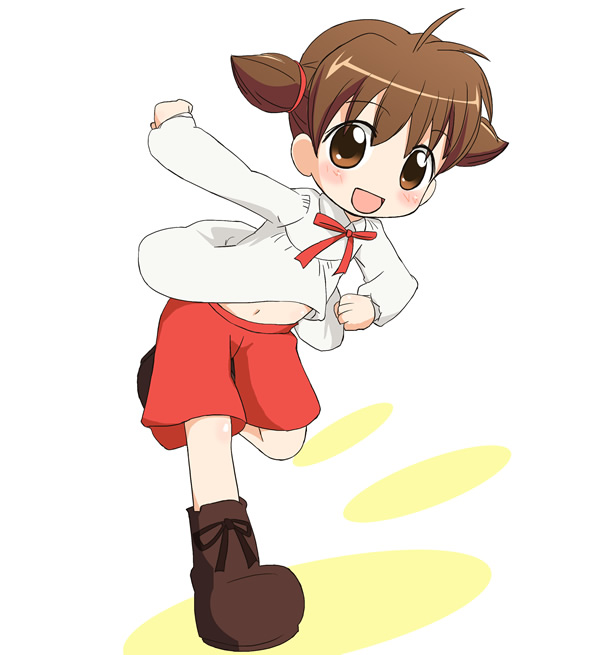1girl adorable animal_yokochou belly_button blush boots brown_eyes brown_hair child ixy matsuzaki_ami red_pants ribbon short_hair simple_background solo twintails white_vest