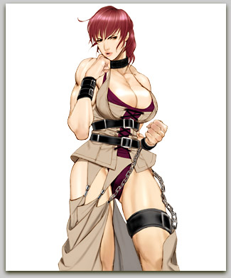 1girl 90s breasts chains cleavage female fighting_stance gensou_suikoden gensou_suikoden_ii huge_breasts legs lowres muscle oulan redhead solo thigh_strap thighs