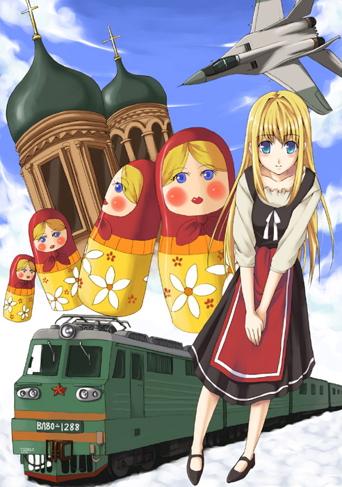 1girl aircraft airplane blonde_hair blue_eyes church fighter_jet ground_vehicle jet locomotive long_hair matrioska mig-29 military military_vehicle original russia solo train unasaka_ryou