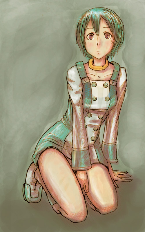 1girl boots buttons collarbone dress eureka eureka_seven eureka_seven_(series) full_body green_background green_hair hair_between_eyes jewelry kneeling long_sleeves looking_at_viewer neck_ring pomo_rosso red_eyes short_hair simple_background solo
