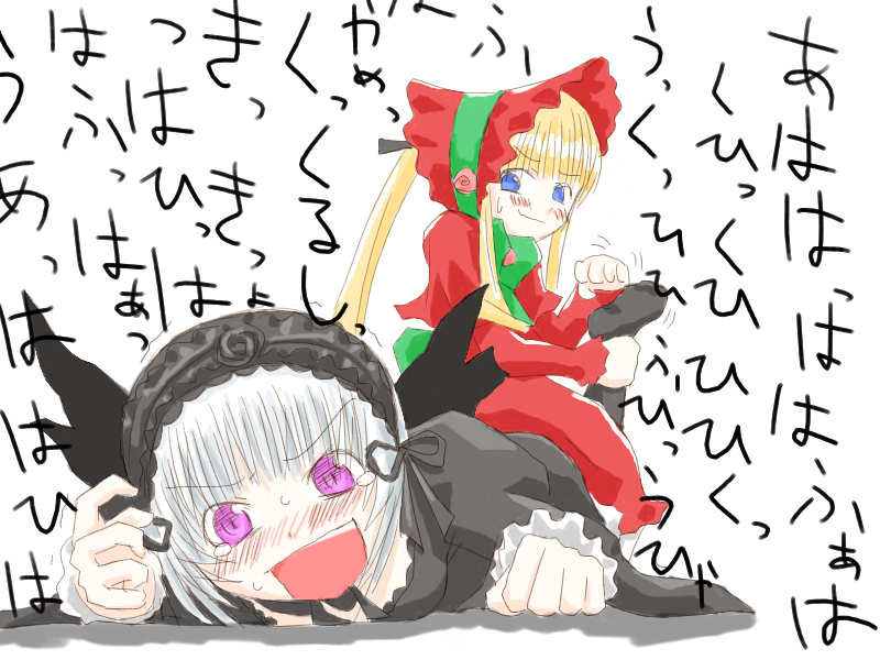 00s ankle_lock blonde_hair blue_eyes feet foot_tickling long_hair rozen_maiden shinku suigintou tickling twintails wrestling