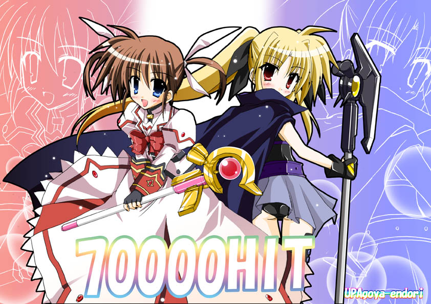 00s 2girls :d alternate_color ass axe bardiche blonde_hair blue_eyes blush bow bowtie brown_hair cape endori fate_testarossa fingerless_gloves gloves hair_ribbon hits holding holding_weapon long_sleeves looking_at_viewer lyrical_nanoha magazine_(weapon) magical_girl mahou_shoujo_lyrical_nanoha multiple_girls open_mouth polearm raising_heart red_bow redhead ribbon rod skin_tight smile staff takamachi_nanoha twintails two_side_up violet_eyes wand weapon