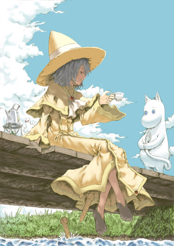 1boy bangs blue_eyes blue_sky bridge capelet clouds cup dress from_below full_body genderswap grass grey_hair hat hatifnatt hattifattener holding holding_cup katzeh kettle landscape light_smile long_sleeves looking_at_another male_focus missile moomin moomintroll mumintrollet no_socks outdoors profile red_eyes river robe shoes short_hair sitting sky snufkin solo splashing summer sunlight tea teacup teapot water wide_sleeves witch witch_hat yuushoh