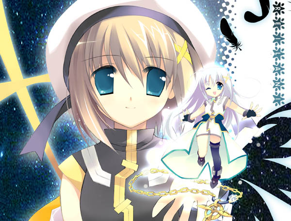 2girls ;d ahoge asymmetrical_legwear beret black_gloves black_wings blue_eyes face feathers fingerless_gloves full_body gloves hair_between_eyes hair_ornament hat jewelry long_hair looking_at_viewer lyrical_nanoha magical_girl mahou_shoujo_lyrical_nanoha mahou_shoujo_lyrical_nanoha_a's minigirl multiple_girls necklace one_eye_closed open_mouth pendant rei_(artist) rei_(rei's_room) reinforce_zwei schwertkreuz single_thighhigh smile thigh-highs uniform unison upper_body very_long_hair waist_cape white_hair wings x_hair_ornament yagami_hayate