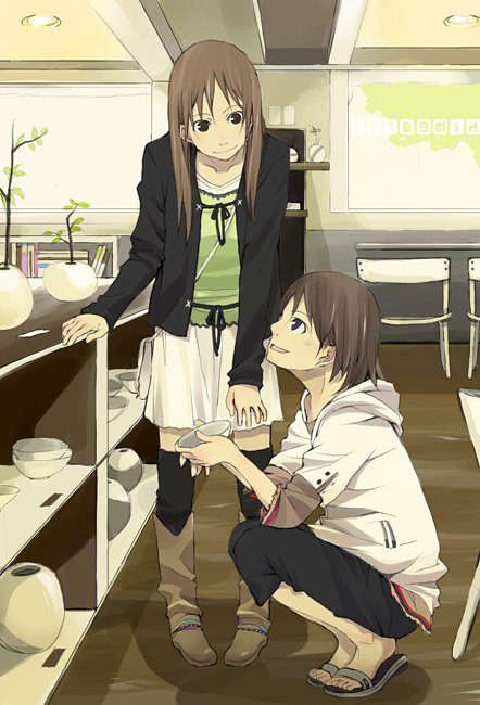 2girls book boots bowl brown_eyes brown_hair capri_pants chair cowboy_boots dress female hood hoodie inside multiple_girls original over-kneehighs pants pigeon-toed plant pot potted_plant pottery sandals shelf skirt smile squatting thigh-highs window yoshito