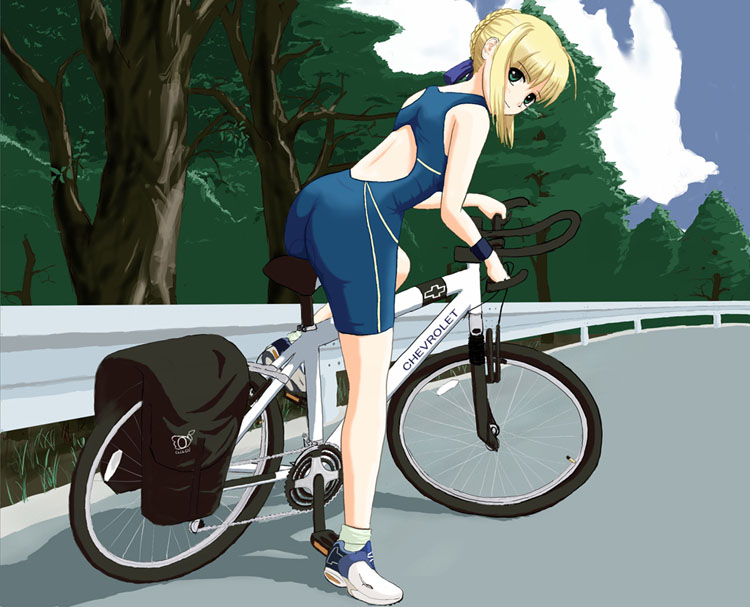 1girl ahoge alternate_costume ass back bangs bare_shoulders bicycle biker_clothes bikesuit blonde_hair bodysuit chevrolet clouds fate/stay_night fate_(series) from_side full_body green_eyes guard_rail hair_bun hair_ribbon head_tilt leaning_forward leg_lift light_smile logo looking_at_viewer looking_back lycra outdoors ribbon riding road saber shoes short_hair short_hair_with_long_locks sidelocks sky smile sneakers socks solo spandex tree unitard wristband