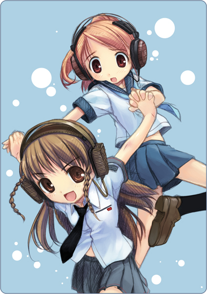 2girls brown_eyes brown_hair headphones hiiro_yuki jumping multiple_girls original school_uniform serafuku skirt