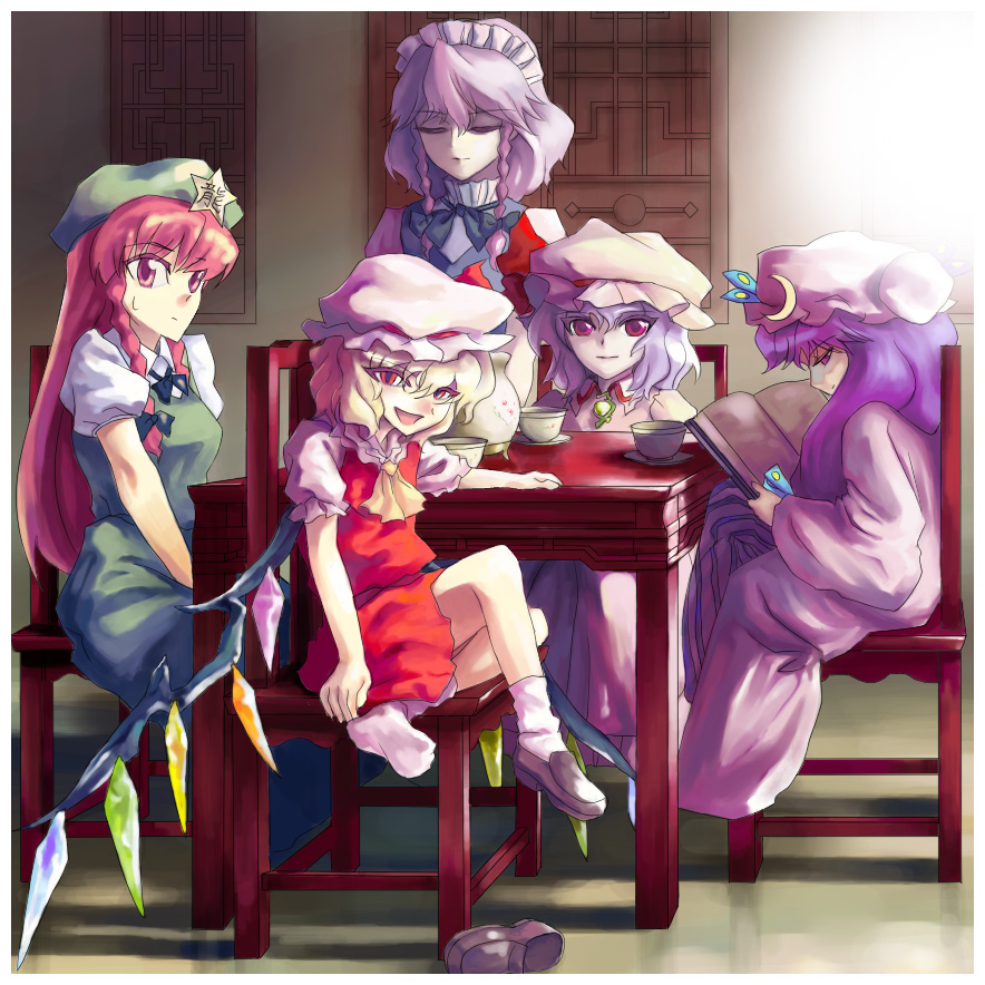 5girls alternate_eye_color blonde_hair book bow braid chair closed_eyes collared_shirt female flandre_scarlet hair_bow hat hong_meiling indoors izayoi_sakuya long_sleeves looking_at_viewer maid_headdress mob_cap multiple_girls oisin patchouli_knowledge puffy_short_sleeves puffy_sleeves purple_hair red_eyes redhead remilia_scarlet shirt shoes shoes_removed short_hair short_sleeves siblings silver_hair single_shoe sisters sitting_on_chair socks star the_embodiment_of_scarlet_devil touhou twin_braids wings