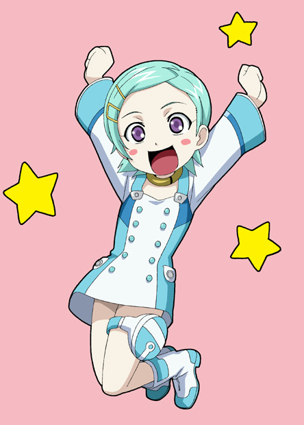 1girl blush_stickers boots chibi eureka eureka_seven eureka_seven_(series) happy isse jumping solo star starry_background thigh_strap white_boots