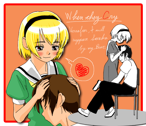 1boy 1girl blonde_hair blush chair copyright_name couple english hairband hand_on_another's_head heart hetero higurashi_no_naku_koro_ni houjou_satoko hug looking_down maebara_keiichi school_uniform short_hair sitting spoken_heart