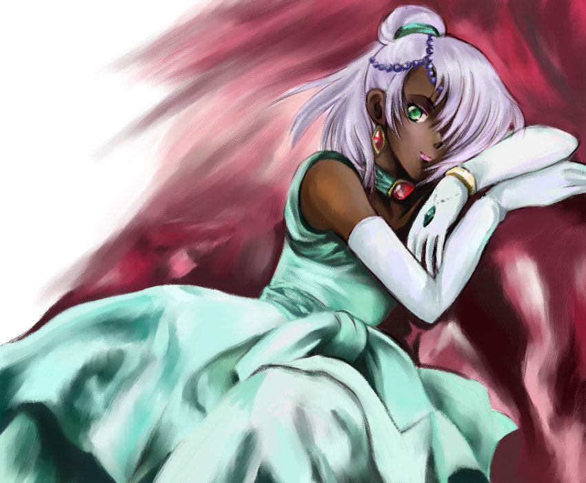 1boy aqua_dress choker dark_skin dark_skinned_male dress elbow_gloves gloves gundam jewelry laura_rolla lipstick loran_cehack makeup male_focus solo trap turn_a_gundam white_gloves