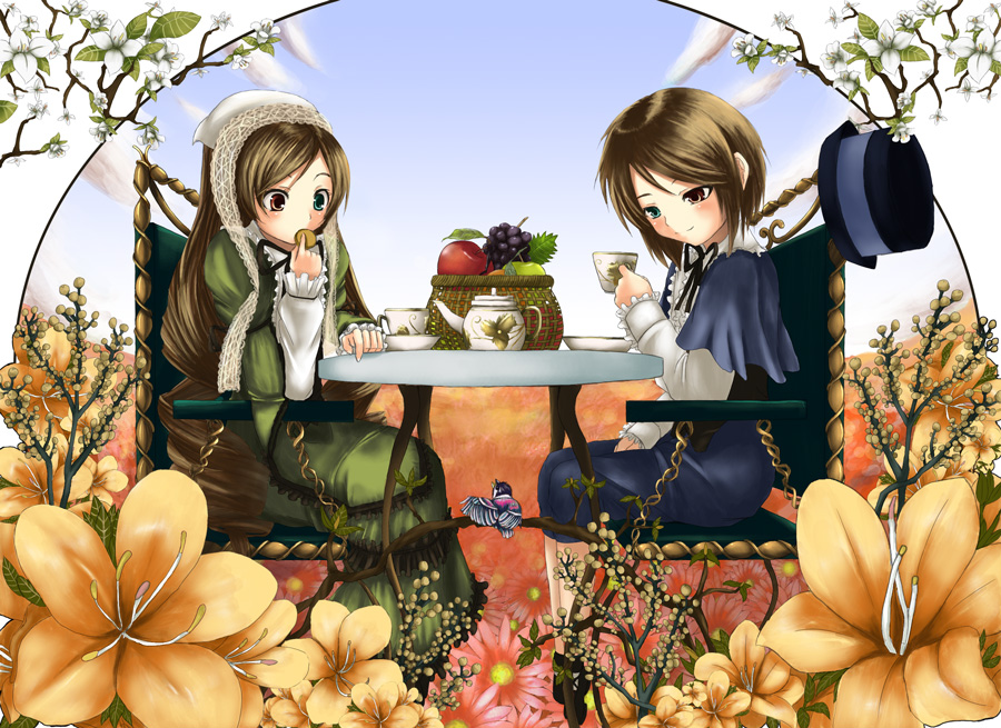 00s 2girls chiko_(artist) chiko_(kanhogo) flower heterochromia multiple_girls rozen_maiden siblings sisters souseiseki suiseiseki tea twins