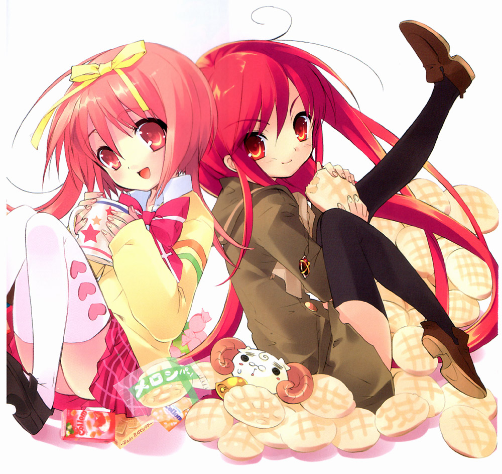 2girls akihime_sumomo alastor_(shakugan_no_shana) bread crossover food itou_noiji jewelry melon_bread mizuki_makoto multiple_girls nanatsuiro_drops pendant red_eyes redhead shakugan_no_shana shana thigh-highs younger