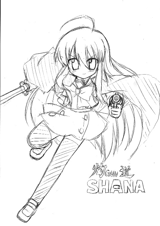 chirorian gun gundou_musashi monochrome parody school_uniform serafuku shakugan_no_shana shana sword thigh-highs weapon