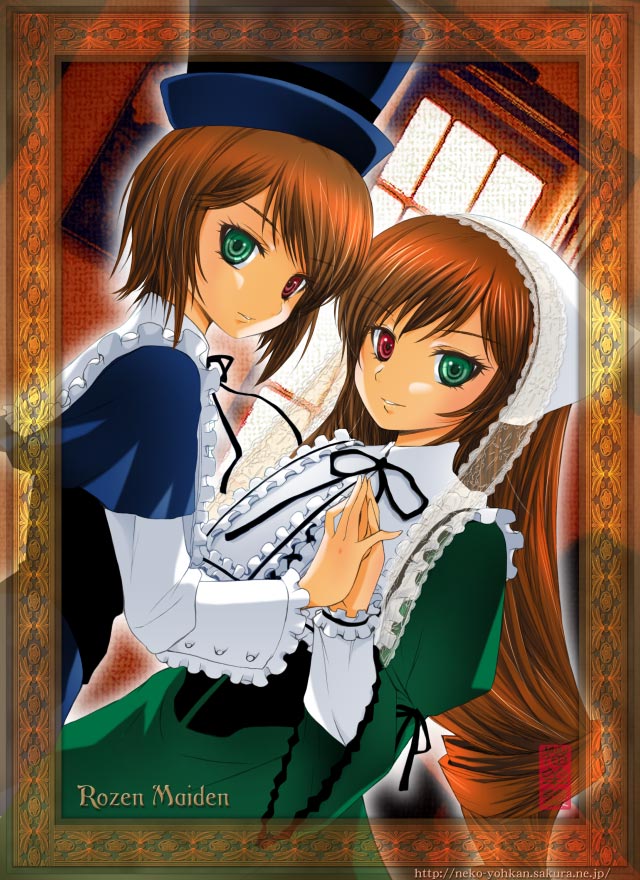 00s 2girls black_ribbon blue_dress brown_hair copyright_name dress dutch_angle frills green_eyes hands_together hat head_scarf heterochromia indoors long_sleeves looking_at_viewer maira_gen multiple_girls red_eyes ribbon rozen_maiden siblings sisters souseiseki straightchromia suiseiseki top_hat twins upper_body