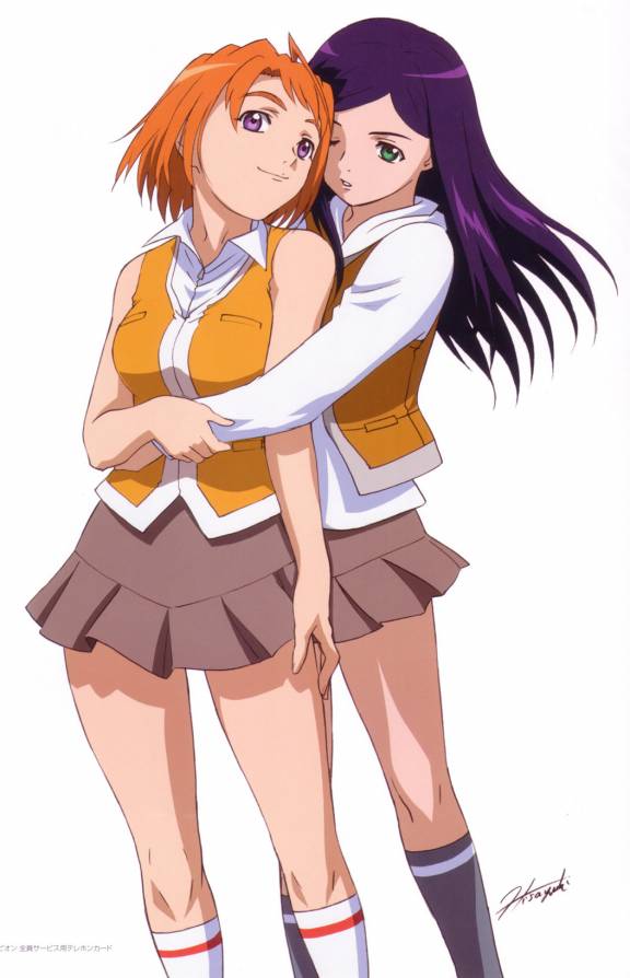 00s 2girls hisayuki_hirokazu hug hug_from_behind kuga_natsuki multiple_girls my-hime orange_shirt school_uniform serafuku shirt tokiha_mai