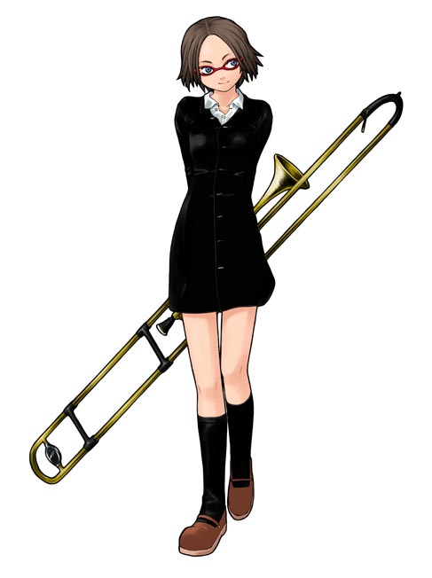 1girl bob_cut error footwear glasses instrument kneehighs music school_uniform serafuku socks solo trombone yasuda_suzuhito