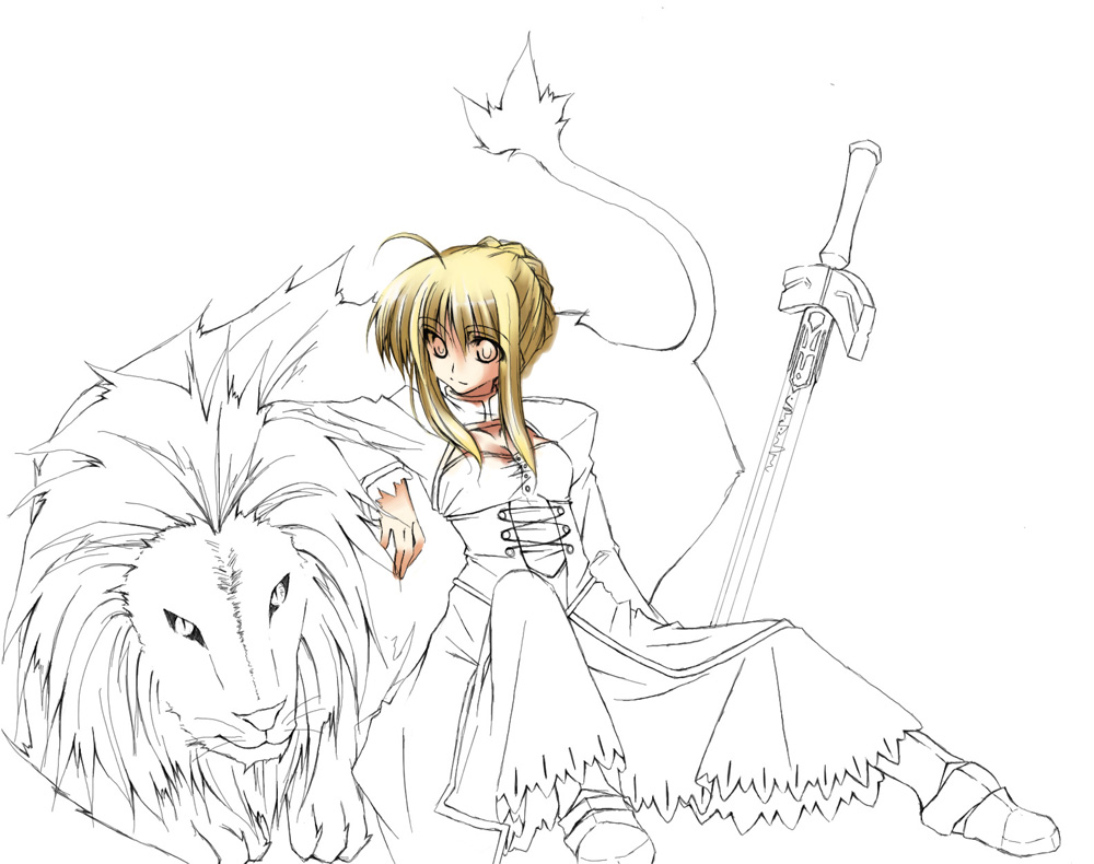 1girl blonde_hair dress excalibur fate/stay_night fate_(series) lion monochrome pangea partially_colored saber solo spot_color sword weapon work_in_progress