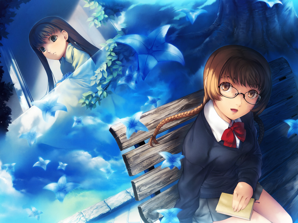 2girls bench black_eyes black_hair book brown_eyes brown_hair clouds glasses multiple_girls school_uniform serafuku simosi skirt sweater tree window