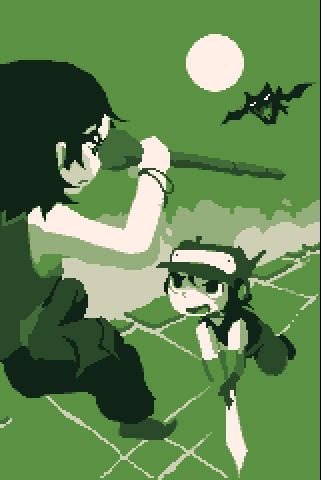 1boy 1girl amaya_daisuke animal bare_shoulders baseball_cap bat bracelet doukutsu_monogatari flying green hat headgear holding holding_sword holding_weapon jewelry jumping lowres misery monochrome moon official_art pants pixel_art quote shirt sleeveless sleeveless_shirt staff sword tank_top weapon