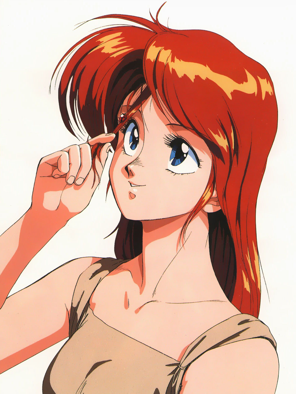 1girl 80s gall_force hair_pull highres insect ladybug long_hair oldschool redhead sandy_newman simple_background smile solo sonoda_ken'ichi