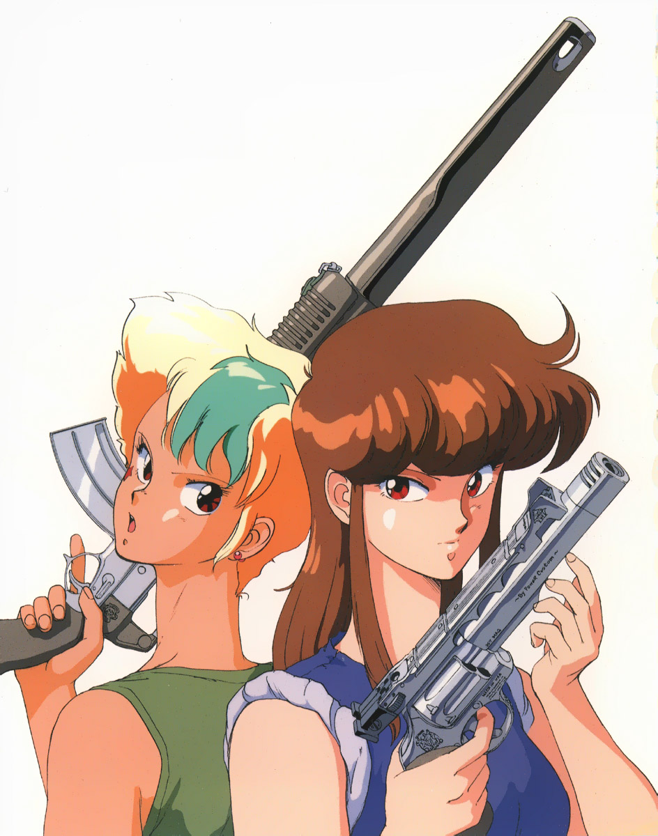 2girls 80s back-to-back blonde_hair brown_hair bubblegum_crisis crossover earrings gall_force green_hair gun handgun highres jewelry long_hair lufy multicolored_hair multiple_girls oldschool open_mouth priscilla_asagiri red_eyes revolver rifle short_hair simple_background sleeveless sonoda_ken'ichi tan two-tone_hair weapon