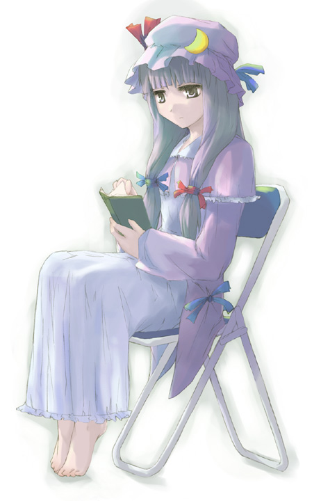 1girl barefoot book capelet chair crescent female folding_chair hair_ribbon hat long_hair patchouli_knowledge purple_hair ribbon sitting solo takanashi_akihito touhou violet_eyes