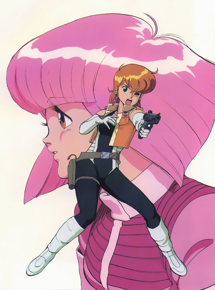 2girls 80s android belt blue_eyes bodysuit boots catty earrings elbow_gloves fighting_stance gall_force gloves gun handgun holster jewelry knee_boots long_hair multiple_girls oldschool one_eye_closed orange_eyes orange_hair pink_hair pistol rabby short_hair simple_background sonoda_ken'ichi thigh_strap turtleneck uniform vest weapon wink