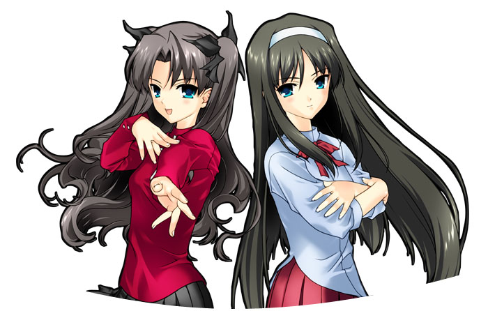 00s 2girls black_hair bow crossed_arms crossover fate/stay_night fate_(series) green_eyes hair_bow hairband hand_on_own_chest long_hair multiple_girls naruse_hirofumi tohno_akiha tohsaka_rin tsukihime turtleneck very_long_hair