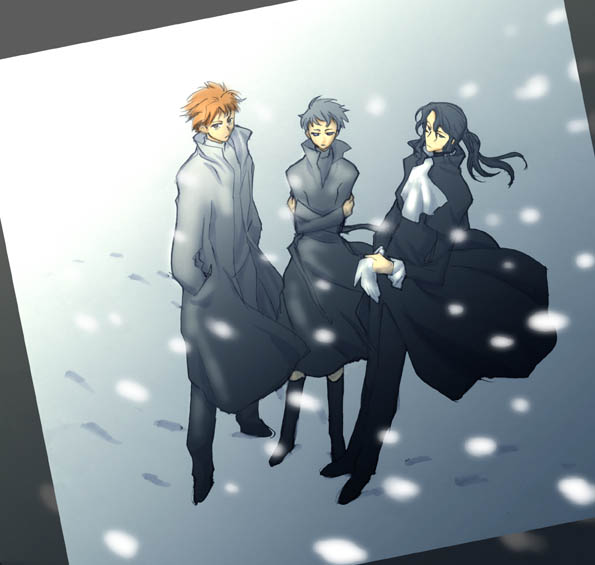 1girl 2boys black_hair blood+ formal haji miyagusuku_kai multiple_boys otonashi_saya short_hair snow snowing suit