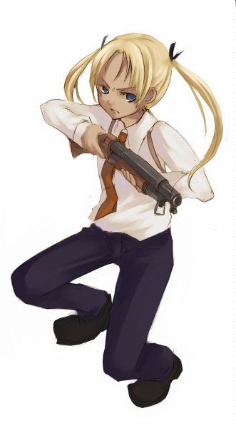 00s 1girl blonde_hair gun gunslinger_girl itou_nanami shotgun simple_background solo triela twintails weapon winchester_model_1897