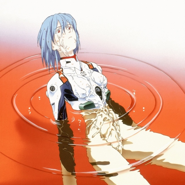 1girl ayanami_rei bangs blue_hair bodysuit cowboy_shot frown hair_between_eyes honda_takeshi lcl looking_up neon_genesis_evangelion number official_art pale_skin partially_submerged pilot_suit plugsuit reclining red_eyes ripples short_hair sitting solo tears turtleneck wet wet_clothes wet_hair