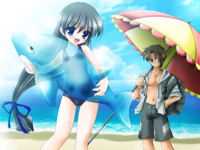 1boy 1girl :d artist_request beach beach_umbrella black_eyes black_hair blue_eyes brown_hair copyright_request game_cg glasses hair_over_one_eye hair_ribbon hand_on_hip inflatable_orca inflatable_toy long_hair low-tied_long_hair male_swimwear ocean one-piece_swimsuit one_eye_closed open_clothes open_mouth open_shirt orca ribbon school_swimsuit shirt short_hair smile swim_trunks swimsuit swimwear tied_hair umbrella very_long_hair water wink